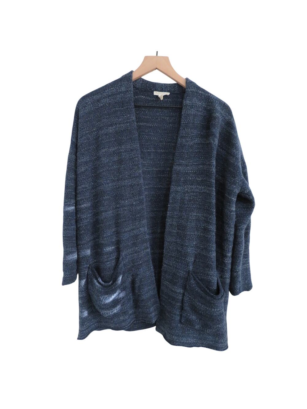 Eileen Fisher Women Sz L Blue Open Front Cardigan Organic Cotton Blend Relaxed